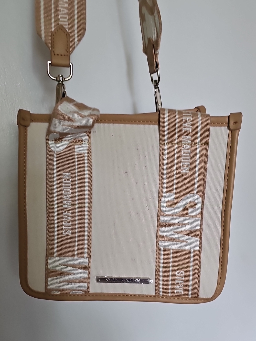 Steve Madden Cream Canvas Crossbody with Tan Trim and Branded Strap